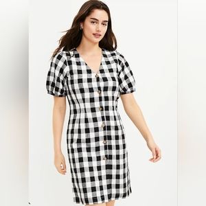 Gingham Button V-Neck Dress / Buffalo Check Dress / Black & White Loft Dress